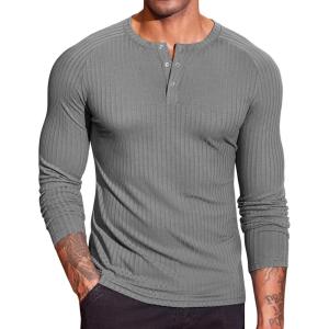 imageCOOFANDY Mens Muscle Slim Fit TShirt Long Sleeve Henley Shirts Casual Gym Workout Athletic Tee ShirtsGrey