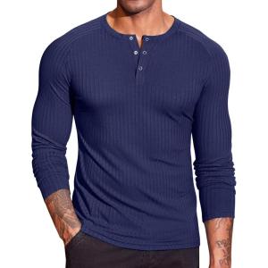 imageCOOFANDY Mens Muscle Slim Fit TShirt Long Sleeve Henley Shirts Casual Gym Workout Athletic Tee ShirtsNavy Blue
