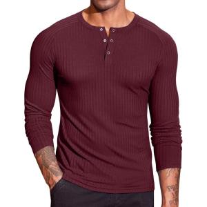 imageCOOFANDY Mens Muscle Slim Fit TShirt Long Sleeve Henley Shirts Casual Gym Workout Athletic Tee ShirtsWine Red