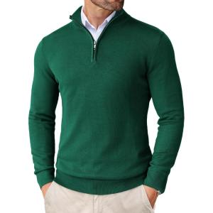 imageCOOFANDY Mens Quarter Zip Up Sweaters Slim Fit Lightweight Mock Neck Pullover Casual Polo SweatersAdark Green