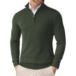 imageCOOFANDY Mens Quarter Zip Up Sweaters Slim Fit Lightweight Mock Neck Pullover Casual Polo SweatersArmy Green