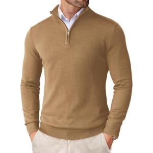 imageCOOFANDY Mens Quarter Zip Up Sweaters Slim Fit Lightweight Mock Neck Pullover Casual Polo SweatersCamel