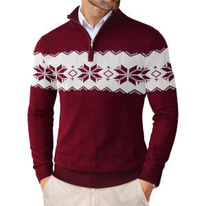 imageCOOFANDY Mens Quarter Zip Up Sweaters Slim Fit Lightweight Mock Neck Pullover Casual Polo SweatersChristmas Red  White