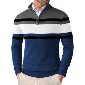 imageCOOFANDY Mens Quarter Zip Up Sweaters Slim Fit Lightweight Mock Neck Pullover Casual Polo SweatersDark Blue  White Stripe