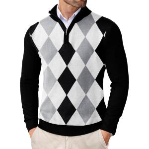 imageCOOFANDY Mens Quarter Zip Up Sweaters Slim Fit Lightweight Mock Neck Pullover Casual Polo SweatersDark Heather Grey  Royal Blue Stripe