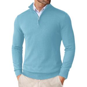 imageCOOFANDY Mens Quarter Zip Up Sweaters Slim Fit Lightweight Mock Neck Pullover Casual Polo SweatersSky Blue