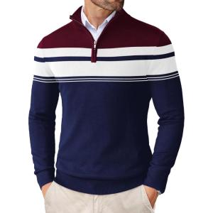 imageCOOFANDY Mens Quarter Zip Up Sweaters Slim Fit Lightweight Mock Neck Pullover Casual Polo SweatersWine Red  Navy Blue Stripe