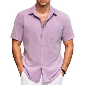 imageCOOFANDY Mens Short Sleeve Button Down Shirts Casual Cotton Beach Summer Linen Textured ShirtsLilac