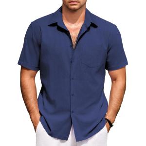 imageCOOFANDY Mens Short Sleeve Button Down Shirts Casual Cotton Beach Summer Linen Textured ShirtsNavy