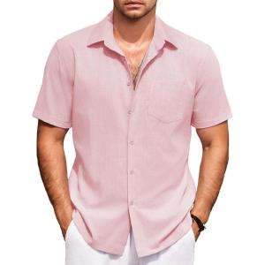 imageCOOFANDY Mens Short Sleeve Button Down Shirts Casual Cotton Beach Summer Linen Textured ShirtsPink