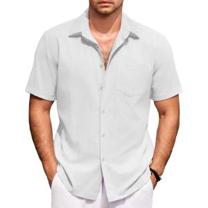 imageCOOFANDY Mens Short Sleeve Button Down Shirts Casual Cotton Beach Summer Linen Textured ShirtsWhite