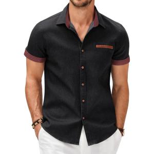 imageCOOFANDY Mens Cotton Casual Short Sleeve Button Down Shirt Plaid Collar Denim Work ShirtsB  Black  No Pocket