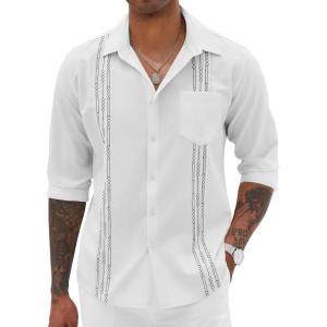 imageCOOFANDY Cuban Shirts for Men Long Sleeve Guayabera Shirts Button Up Linen Shirt Mexican Wedding Shirts White