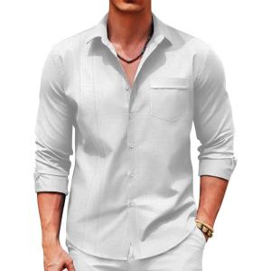 imageCOOFANDY Men Linen Cuban Guayabera Shirts  Long Sleeve Dress amp Beach Wedding Shirts