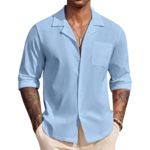 imageCOOFANDY Mens Casual Button Down Shirt Summer Beach Shirts Long Sleeve Cuban Collared Tropical Textured Shirts