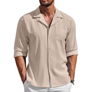 imageCOOFANDY Mens Casual Dress Long Sleeve Shirt Fashion Solid Beach Wedding Shirts Khaki 3XLarge