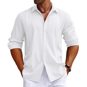 imageCOOFANDY Mens Cuban Guayabera Shirt Long Sleeve Casual Button Down Shirts Beach Linen Shirt White