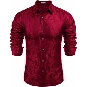 imageCOOFANDY Mens Floral Winje Red Printed Long Sleeve Dress Shirts Prom Wedding Party Button Down Shirts