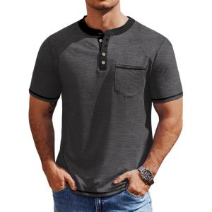 imageCOOFANDY Mens Henley Shirts Short Sleeve Casual Button TShirts Basic Tee Shirts Summer Vintage T Shirts with Pocket02 Dark GreyBlack