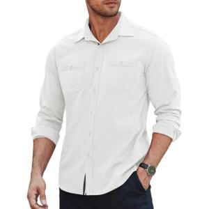 imageCOOFANDY Mens Linen Shirt Long Sleeve Button Up Shirt Casual Shirt for Men Winter Wedding Shirt White