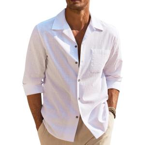 imageCOOFANDY Men Beach Shirts Casual Cotton Linen Long Sleeve Regular Fit Yoga Shirts White