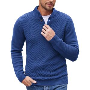 imageCOOFANDY Men Quarter Button Sweater Pullover Cable Knit Henley Mock Neck SweaterDeep Blue