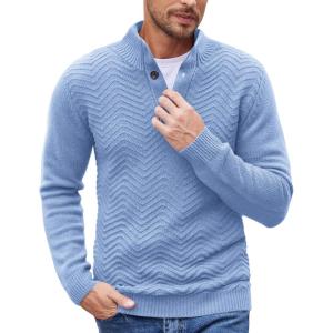 imageCOOFANDY Men Quarter Button Sweater Pullover Cable Knit Henley Mock Neck SweaterLight Blue