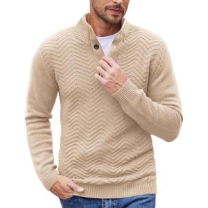 imageCOOFANDY Men Quarter Button Sweater Pullover Cable Knit Henley Mock Neck SweaterLight Khaki
