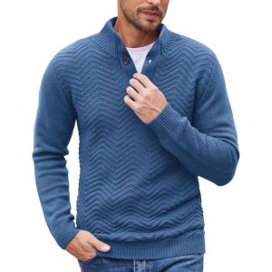 imageCOOFANDY Men Quarter Button Sweater Pullover Cable Knit Henley Mock Neck SweaterRoyal Blue