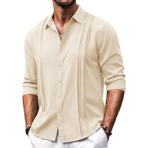 imageCOOFANDY Mens Beach Wedding Shirt Casual Long Sleeve Linen Shirts Lightweight Summer Button Up Shirts Beige