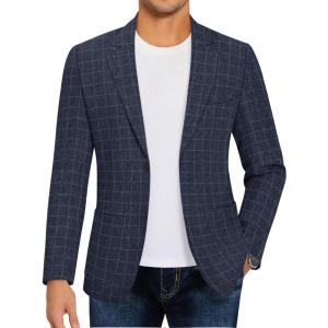 imageCOOFANDY Mens Casual Blazer Slim Fit Sport Coat Lightweight Two Button Suit JacketsPlaid Blazer Navy Blue