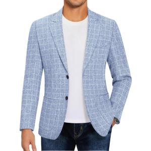 imageCOOFANDY Mens Casual Blazer Slim Fit Sport Coat Lightweight Two Button Suit JacketsPlaid Blazer Sky Blue