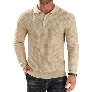 imageCOOFANDY Mens Knit Polo Shirts Long Sleeve Sweater Polo Lightweight Fashion Casual Collared ShirtsApricot