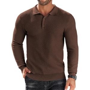imageCOOFANDY Mens Knit Polo Shirts Long Sleeve Sweater Polo Lightweight Fashion Casual Collared ShirtsBrown