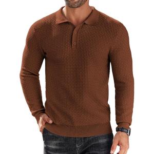 imageCOOFANDY Mens Knit Polo Shirts Long Sleeve Sweater Polo Lightweight Fashion Casual Collared ShirtsCaramel