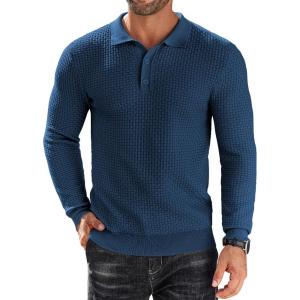 imageCOOFANDY Mens Knit Polo Shirts Long Sleeve Sweater Polo Lightweight Fashion Casual Collared ShirtsDark Blue