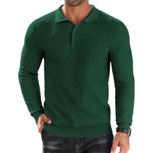 imageCOOFANDY Mens Knit Polo Shirts Long Sleeve Sweater Polo Lightweight Fashion Casual Collared ShirtsGreen