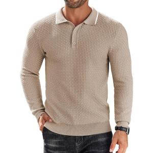 imageCOOFANDY Mens Knit Polo Shirts Long Sleeve Sweater Polo Lightweight Fashion Casual Collared ShirtsStripedlight Khaki
