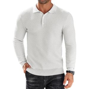 imageCOOFANDY Mens Knit Polo Shirts Long Sleeve Sweater Polo Lightweight Fashion Casual Collared ShirtsWhite