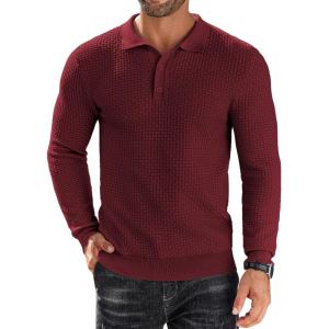 imageCOOFANDY Mens Knit Polo Shirts Long Sleeve Sweater Polo Lightweight Fashion Casual Collared ShirtsWine Red