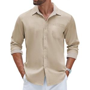 imageCOOFANDY Mens Linen Shirts Long Sleeve Casual Button Down Shirts for Men Summer Beach Wedding Shirt Khaki XLarge