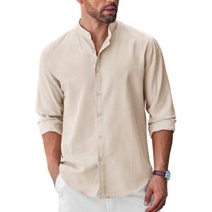 imageCOOFANDY Mens Long Sleeve Oxford Dress Shirts Chambray Button Down Shirt Casual Band Collar ShirtsBeige