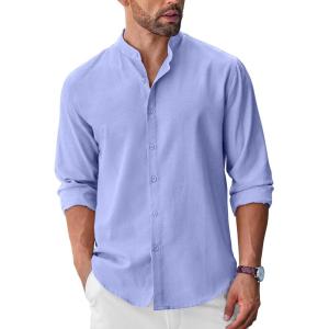 imageCOOFANDY Mens Long Sleeve Oxford Dress Shirts Chambray Button Down Shirt Casual Band Collar ShirtsLight Blue