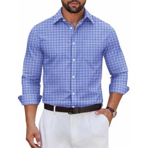 imageCOOFANDY Mens Long Sleeve Plaid Button Down Cotton Wrinkle Free Dress ShirtBlue White Plaid