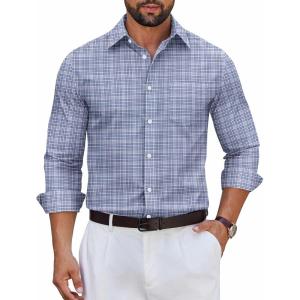 imageCOOFANDY Mens Long Sleeve Plaid Button Down Cotton Wrinkle Free Dress ShirtGrey White Plaid