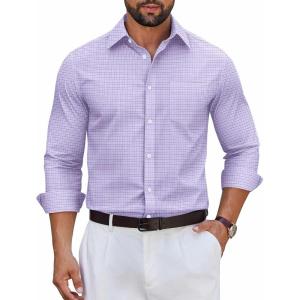 imageCOOFANDY Mens Long Sleeve Plaid Button Down Cotton Wrinkle Free Dress ShirtLight Purple Plaid