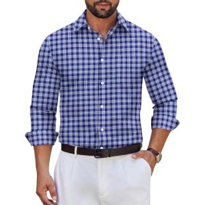 imageCOOFANDY Mens Long Sleeve Plaid Button Down Cotton Wrinkle Free Dress ShirtNavy Blue White Plaid