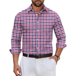 imageCOOFANDY Mens Long Sleeve Plaid Button Down Cotton Wrinkle Free Dress ShirtNavy Red Plaid