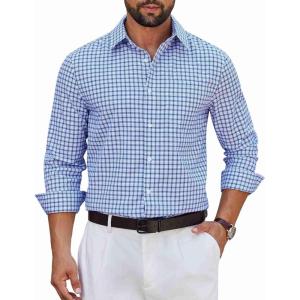 imageCOOFANDY Mens Long Sleeve Plaid Button Down Cotton Wrinkle Free Dress ShirtWhite Deep Blue Plaid
