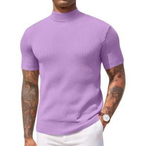 imageCOOFANDY Mens Mock Turtleneck Sweater Short Sleeve Casual Basic Tops Ribbed Knit Pullover Solid TeeLight Purple